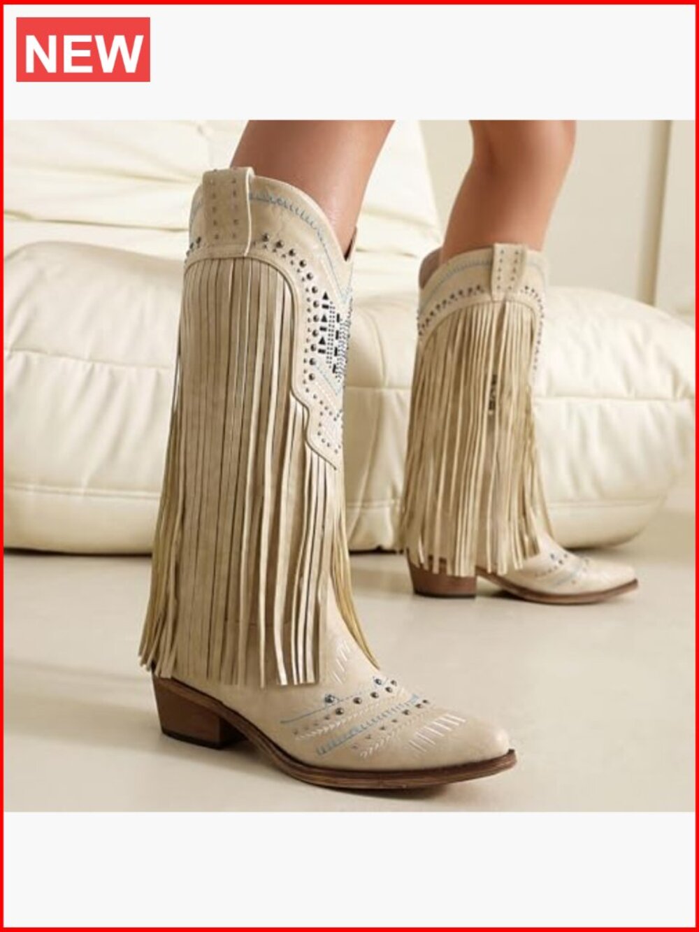 Wide Calf Embroidered Fringe Cowgirl Boots Knee High Snip Toe Pull On - Picture 6 of 7